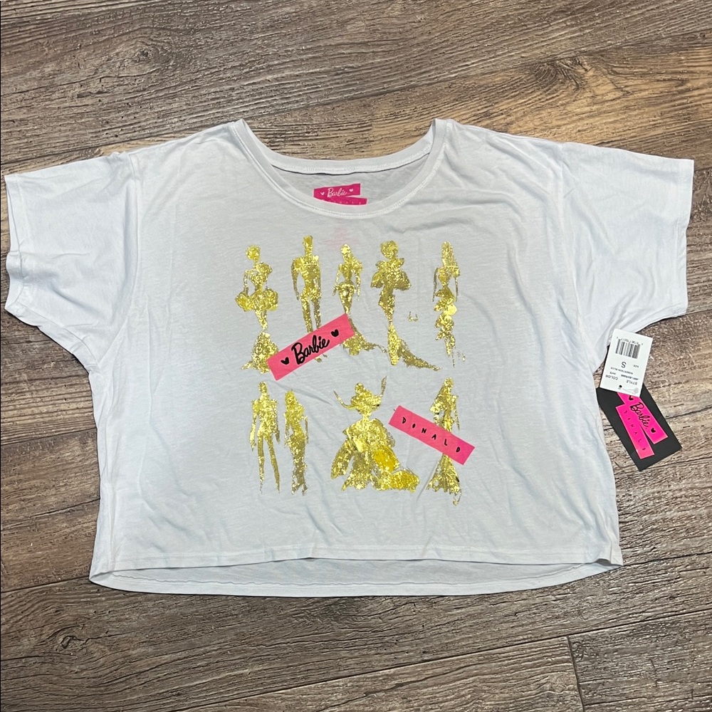 Barbie White Tee with Gold Glitter Silhouettes and Pink Logo x Donald Robertson